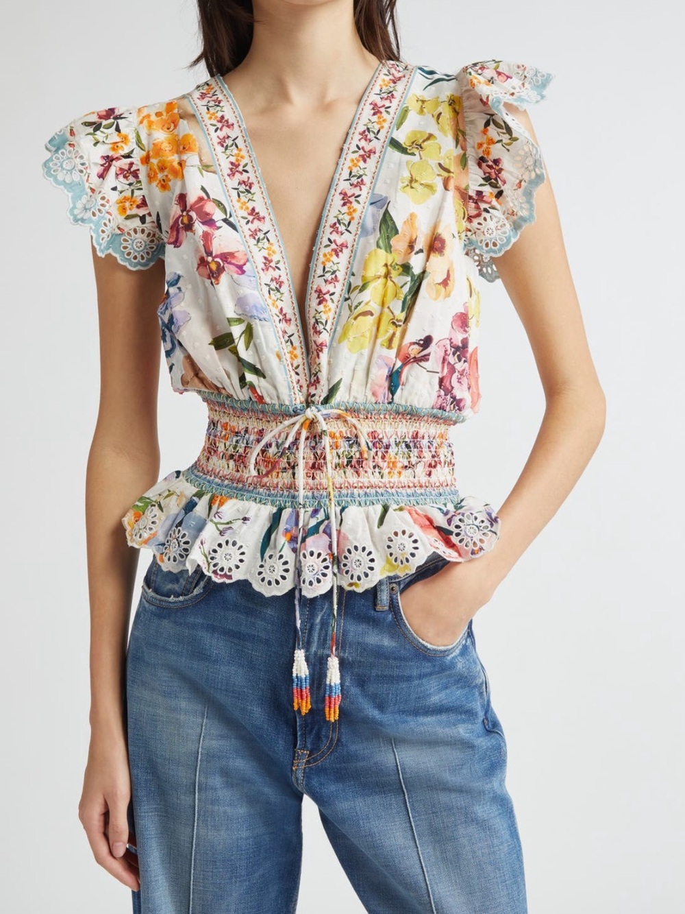 FARM Rio White Floral Smocked V-Neck Tie-Front Blouse